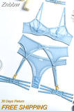 Znbbw Set Woman 4 Pieces Sexy Erotic Lingerie Underwear Bra Garters Brief Sets Transparent Lace Seamless Blue Setup Ladies