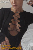 Znbbw Knitted Long Sleeve Tie Up Sexy Bodysuit Bandage Patchwork Bodycon Club Party Body Women Outfit High Waist Top