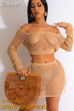 Znbbw Knitted Hollow-out Two-piece Set Sexy Women Long Sleeve Crop Top Slim Mini Skirt Outfit Summer Beach Holiday Sunscreen Suit