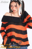 Znbbw Y2k Punk Rock Zipper Sexy Off Shoulder Sweaters Women Gothic Black Grey Stripes Broken Hole Loose Knitted Jumpers