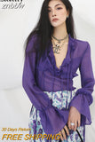 znbbw 2023 Spring Sexy Ruffled Flare Long Sleeve Women Blouse Korea Style Vintage Transparent Short Chiffon Shirt Ladies Tops