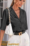 Znbbw Sleeve Satin Blouse Women 2023 Summer Notched White Silk Shirt Elegant Office Lady Simple Button Up Casual Shirts 19935