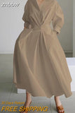 znbbw New Oversized Elegant Women Spring Sundress Fashion Lapel Neck Long Sleeve Solid Long Shirt Dress OL Vestidos Robe Femme