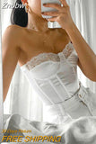 Znbbw Lace Trim White Satin Strapless Sexy Corset Crop Top Women Zipper Back Tight Bustier Clubwear Party Female Slim Tops