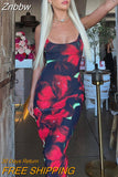 Znbbw Women Elegant Floral Printed Bodycon Streetwear Red Long Dress 2023 Spring Summer Wholesale Items For Business