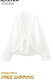 Znbbw TRAF Spring Summer Blouse Women White Casual Temperament All-match Embroidery Hollow Knot Shirt Women