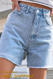 Znbbw High Waist Frayed Hem Solid Denim Shorts Women Summer Streetwear 2023 Zipper Fly Pockets Fashion White Jean Shorts