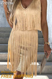 Znbbw Sleeveless V-Neck Summer Mini Party Dress Ladies Fashion Solid Color Fringe Satin Dress Ladies Slim Hip Dresses 2023 New