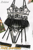 Znbbw Fancy Lingerie Floral Lace Bra Ruffle Garter Luxury Erotic Outfit Sexy Crotchless Panties Sensual Underwear 4-Piece