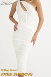 Znbbw High Quality Mesh One Shoulder Backless Midi Dress For Women Fashion Hollow Out Sleeveless Ruched Long Dress Vestido