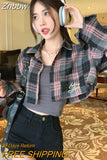 Znbbw Korean Fashion Plaid Cropped Blouses Women Harajuku Vintage Casual Long Sleeve Shirts Kpop Slim Tops Y2K 2000s Grunge