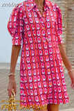 znbbw Turn-Down Collar Check Print Party Dress Female Loose Casual Shirt Dress Vestidos Bohemian Women Short Sleeve Mini Dress
