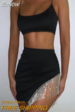 Znbbw Sexy 2 Piece Set Party Club Outfits Clubwear Women Fashion Crop Tops Camis+High Waist Rhinestone Tassel Mini Skirts