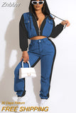 Znbbw Women Casual Jean Patchwork Hooded Tracksuit Female Tops Jogger Long Sleeve Pants Suit 2023 New Fashion Two 2 Piece Set Outfit