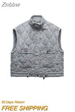 Znbbw TRAF 2023 Autumn Winter Women Pocket Parkas Cotton Jacket Zipper Sleeveless Female Padded Waistcoat