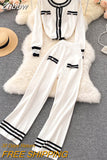 Znbbw Winter Runway Knitted 2 Pieces Set Women Long Sleeve Pullovers Sweater Casual Cardigan Jumper Tops and Pants Suits