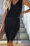 Znbbw Sleeveless V-Neck Summer Mini Party Dress Ladies Fashion Solid Color Fringe Satin Dress Ladies Slim Hip Dresses 2023 New