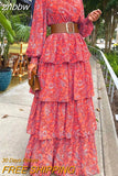 znbbw Women Floral Printed Lantern Long Sleeve Sundress Female Vintage Cake Loose Beach Dress Elegant Cascading Ruffles Cover-Ups