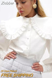 Znbbw Ruffle White Women Blouse Peter Pan Collar Cotton Button Up Shirt Women Tops 2023 Fashion Loose Puff Sleeve Shirts 18738
