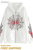 Znbbw Women's Halloween Casual Hooded Coat Long Sleeve Spider Web Print Zip Up Hoodie with Pockets