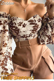 Znbbw Chic Women Floral Off Shoulder Blouse Tops Sexy Frill Long Lantern Sleeve Strapless Corset Tops Fashion Slim Fit Tops