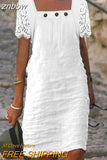 znbbw Women Solid Color Mini Dresses 2023 Vintage New Lace Patchwork Button Dress Ladies Casual Square Collar Short Sleeve Loose Dress