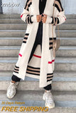 znbbw Warm Loose V-Neck Patchwork Knit Sweater Casual Autumn Outside Sweaters College Style Stripe Knitted Women Long Cardigan