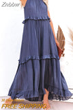 Znbbw Women Solid Vintage Long Dress Summer Boho Elegant Halter Sleeveless Ruffle Layered Dress Female Casual Beach Party Maxi Dress
