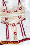 Znbbw Fancy Lingerie Red Lips Embroidery Sissy Delicate Underwear Transparent Bra Set Woman 3 Pieces Sensual Lace Outfit