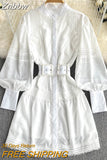 Znbbw Elegant White Lace Women Mini Dress Runway Stand Collar Luxury Embroidery Hollow Out Single Breasted Party Dress N3978