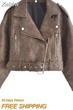Znbbw TRAF Spring Short Women Slim Bandage Khaki Faux PU Leather Jacket Fashion Lapel Long Sleeve Outerwear Ladies Streetwear