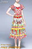 Znbbw Runway Fashion Summer Dress Square Collar Retro Printing Ruffles Holiday Butterfly Sleeve Dress For Women 2023 N6703