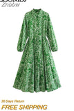 Znbbw TRAF Summer Fashion Green Printed Women Casual Shirt Robe Dress With Belt Wrist Sleeve High Waist Female Midi Dress