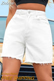 Znbbw High Waist Frayed Hem Solid Denim Shorts Women Summer Streetwear 2023 Zipper Fly Pockets Fashion White Jean Shorts