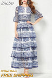 Znbbw New Summer Women Ruffles Cascading Dress Runway Flare Sleeve Blue and White Porcelain 5-Layer Cake Robe Vestidos