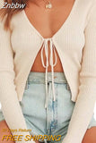 Znbbw Trendy Simple Sexy Solid Tie Up Knit Cardigan Women Long Sleeve V Neck Slim Lace Up Crop Top Spring Autumn Casual Outwear