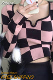 Znbbw Y2K Korean Style Plaid Pink Cropped Sweater Womens Harajuku White Knitted Crewneck Jumper Pullover Female Slim Sexy Top