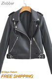 Znbbw TRAF Spring Autumn Pu Jacket Coat Women Long Sleeves Slim Warm Biker Faux Leather Jackets Coat Biker Jacket Streetwer