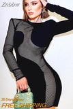 Znbbw Mesh Fishnet Patchwork Long Sleeve Bodycon Mini Dress Women O Neck See Through Party Vestidos 2023 Spring Fall Night Prom