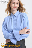 znbbw 2023 Summer Office Lady Long Sleeve Women Cotton Crop Shirt Korea Style Button Up Minimalist Female Tops Work Clothing