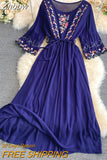 Znbbw Dress New Holiday Bohemian Dress Ethnic Style Cotton Linen Embroidery Lace Waist O- Neck Flared Sleeve Dress GD702