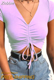 Znbbw V Neck Cropped Tank Tops Women Drawstring Tie Up Front Camis Candy Colors Streetwear Slim Fit Ribbed Crop Top 2023