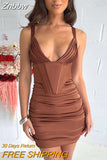 Znbbw Satin Spaghetti Strap Ruched Mini Dress For Women Robe Summer New Sleeveless Backless Skinny Sexy Party Dress Vestido