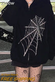 Znbbw Harajuku Gothic Rhinestone Spider Web Hot Rhinestone Zipper Hoodie Couple Trend Punk Oversized Clothing Sweatshirt Unisex