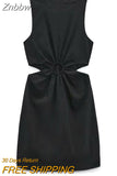 Znbbw ZBZA Dress For Woman 2023 Hollow Out Solid A-line Sleeveless Dresses Causal O-Neck Dresses Woman Mini Bodycon Dress