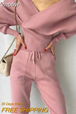 znbbw New Sexy Off Shoulder Knitted Two Piece Set Women Long Sleeve Sport Tracksuit 2 Piece Sweater Pants Suits Matching Sets