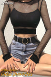 Znbbw Black Hollow Out Mesh T-Shirt Female Skinny Crop Top 2023 New Fashion Summer Basic Tops For Women Fishnet Shirt