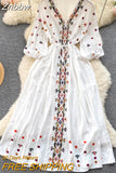 Znbbw Summer Bohemian Dress Retro Ethnic Style Embroidery V-neck Waist A-line Seaside Holiday Swing Long Vestidos Dress G12