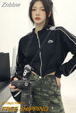 Znbbw Korean Fashion Black Zipper Cropped Hoodies Women Gothic Grunge Graphic Print Sweatshirts Long Sleeve Sport Tops Jacket