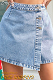 Znbbw High Waist A Line Asymmetrical Hem Mini Denim Skirt Cotton Women 2023 Summer Streetwear Button Up Fashion Jeans Skirt